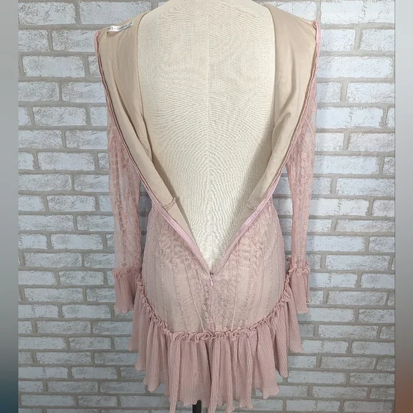 Saints + Secrets Small Dreamy Long Sleeve Blush Pink Ruffle Mini Dress - Picture 7 of 15